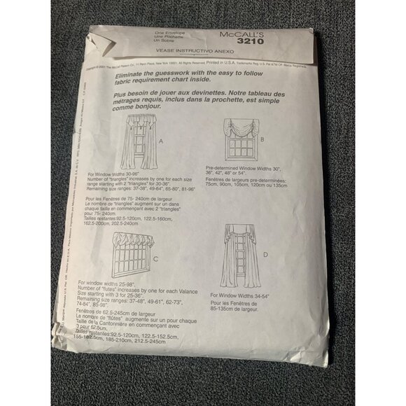 McCall's Home Dec In-A-Sec 3210 Sewing Pattern For Window Valances One Size uncu - Picture 2 of 2